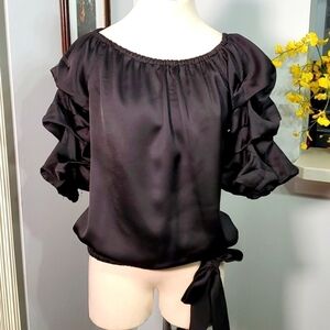PRELUDE, NWT Black satin blouse. Puff sleeves, tie at waist.  Boat neck.